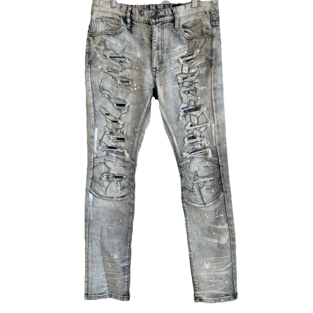 Smoke Rise Men's 36x34 Distressed Ripped Taper Denim Frost Gray Stretch Jeans
